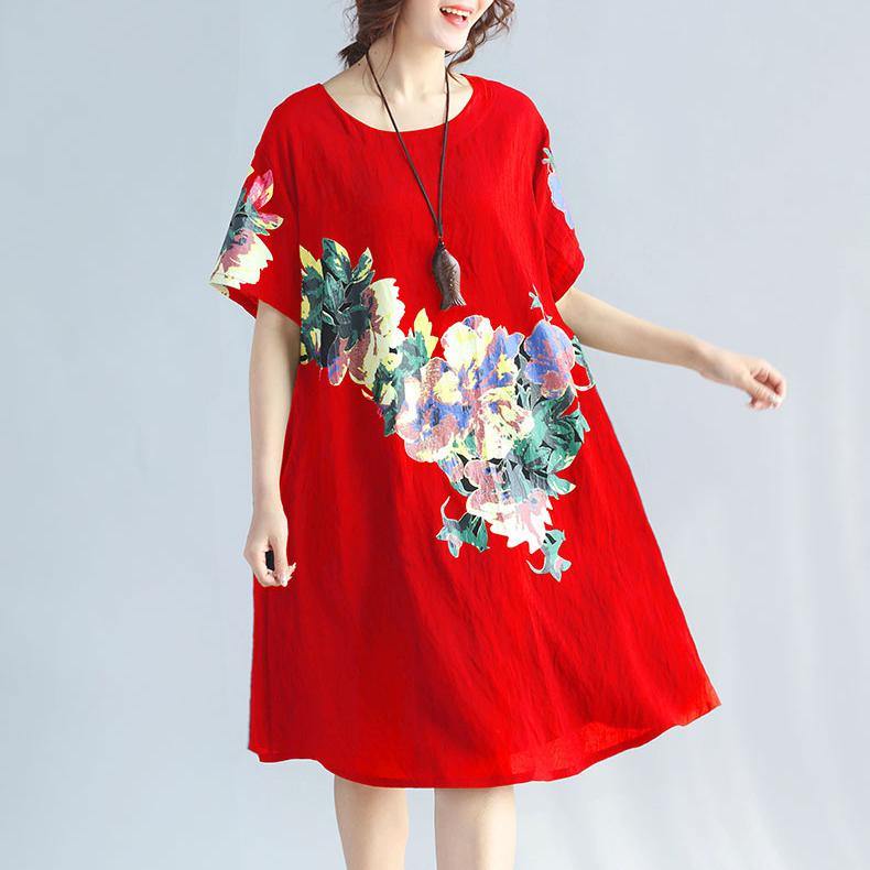 New red prints  linen dress plus size traveling clothing Elegant wild short sleeve o neck cotton dresses - Omychic