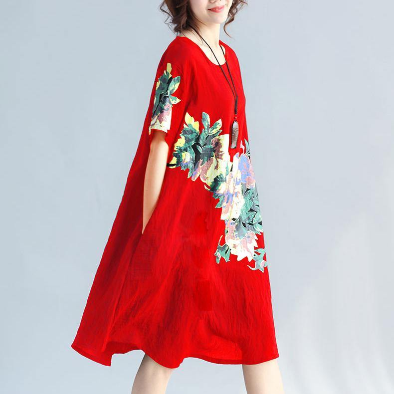 New red prints  linen dress plus size traveling clothing Elegant wild short sleeve o neck cotton dresses - Omychic