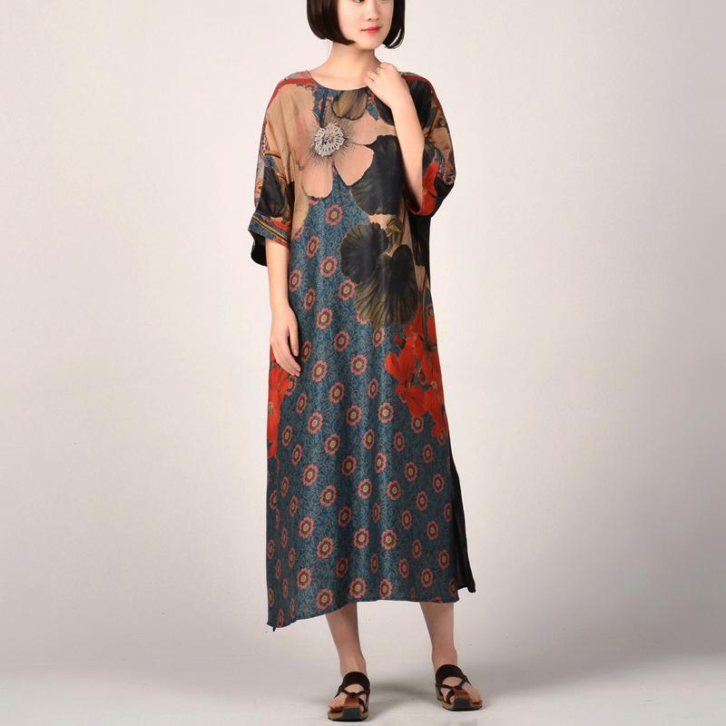 New red prints long silk dresses oversize side open traveling clothing 2018 patchwork silk caftans - Omychic
