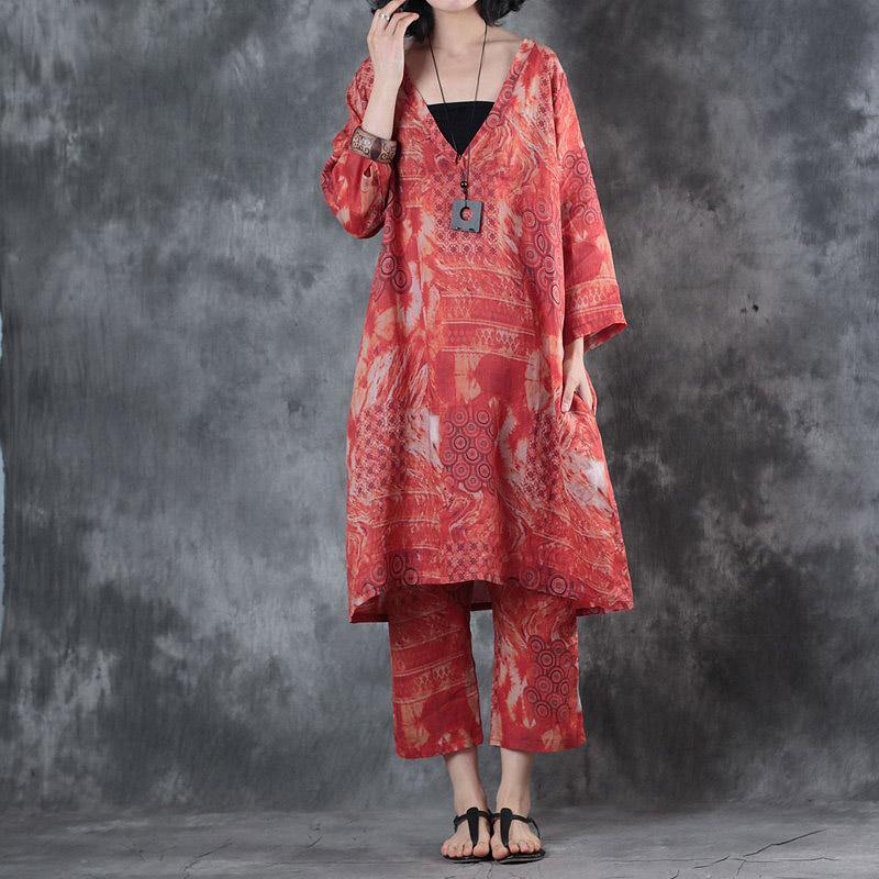 New Red Prints Pure Chiffon Dress Plus Size Casual Dresses Bracelet Sleeved V Neck Dress - Omychic