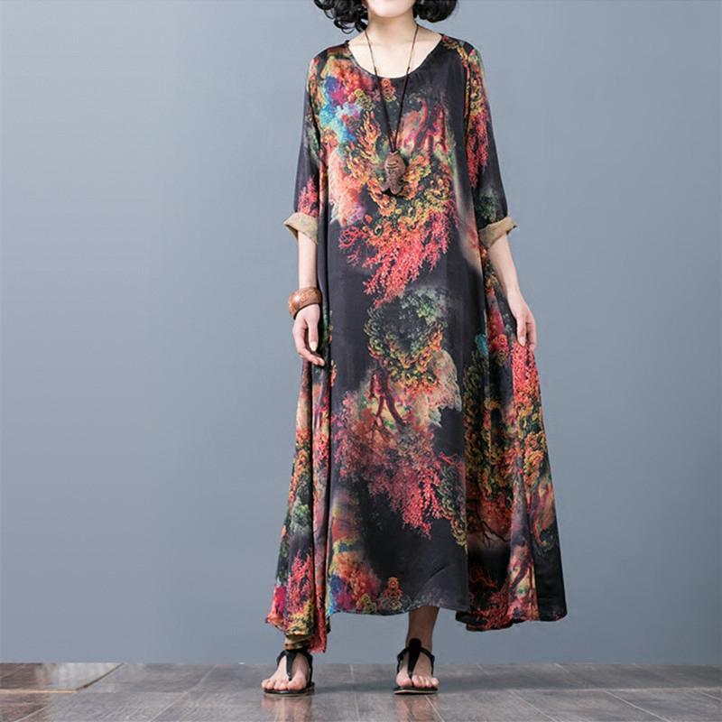 New red prints silk caftans casual asymmetric silk gown Fine o neck maxi dresses - Omychic