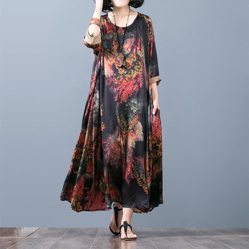 New red prints silk caftans casual asymmetric silk gown Fine o neck maxi dresses - Omychic