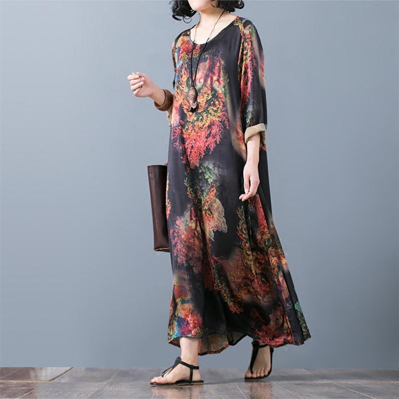 New red prints silk caftans casual asymmetric silk gown Fine o neck maxi dresses - Omychic