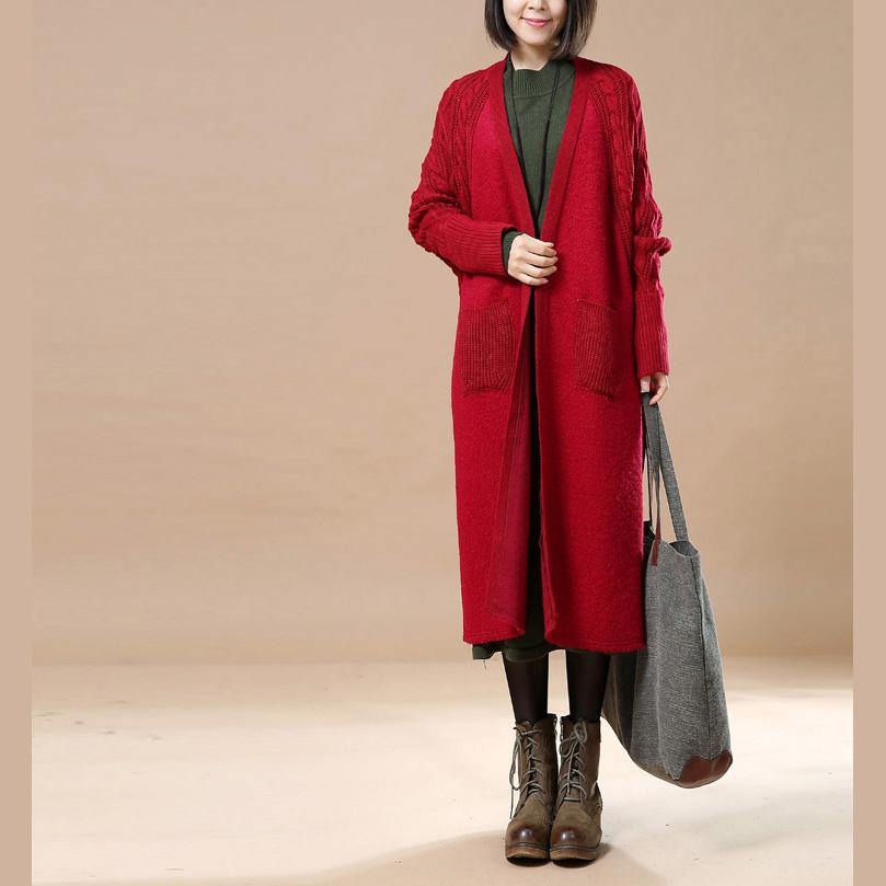New red woolen sweater cardigans  maxi coat oversize coats vintage long coats - Omychic