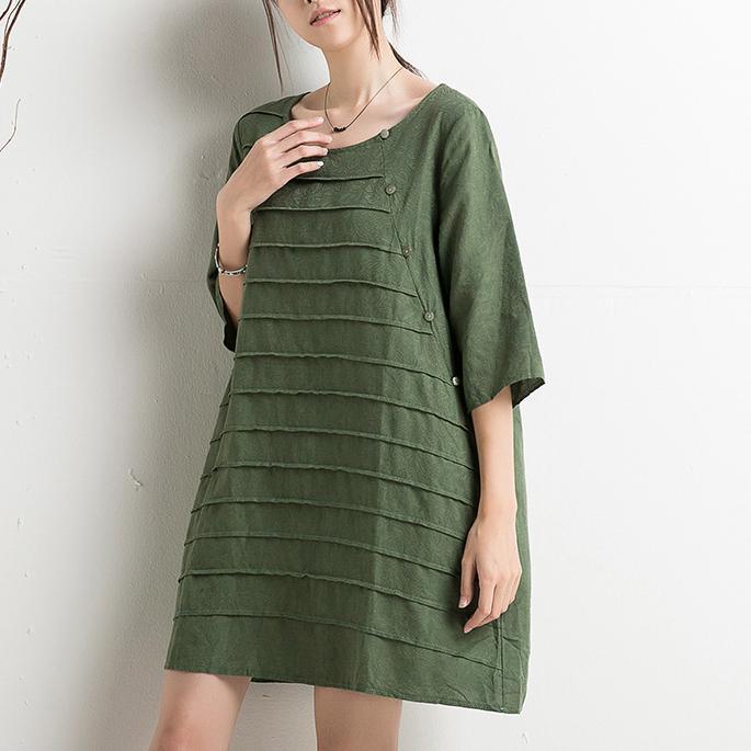 New retro green cotton sundress half sleeve summer shift dresses plus size - Omychic