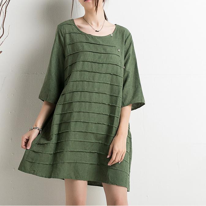 New retro green cotton sundress half sleeve summer shift dresses plus size - Omychic