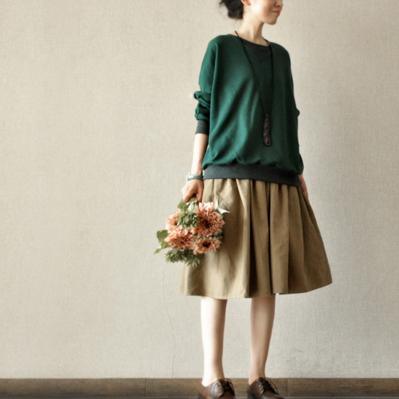 New stylish khaki cotton pleated skirts loose summer mid skirts - Omychic