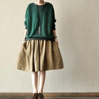 New stylish khaki cotton pleated skirts loose summer mid skirts - Omychic