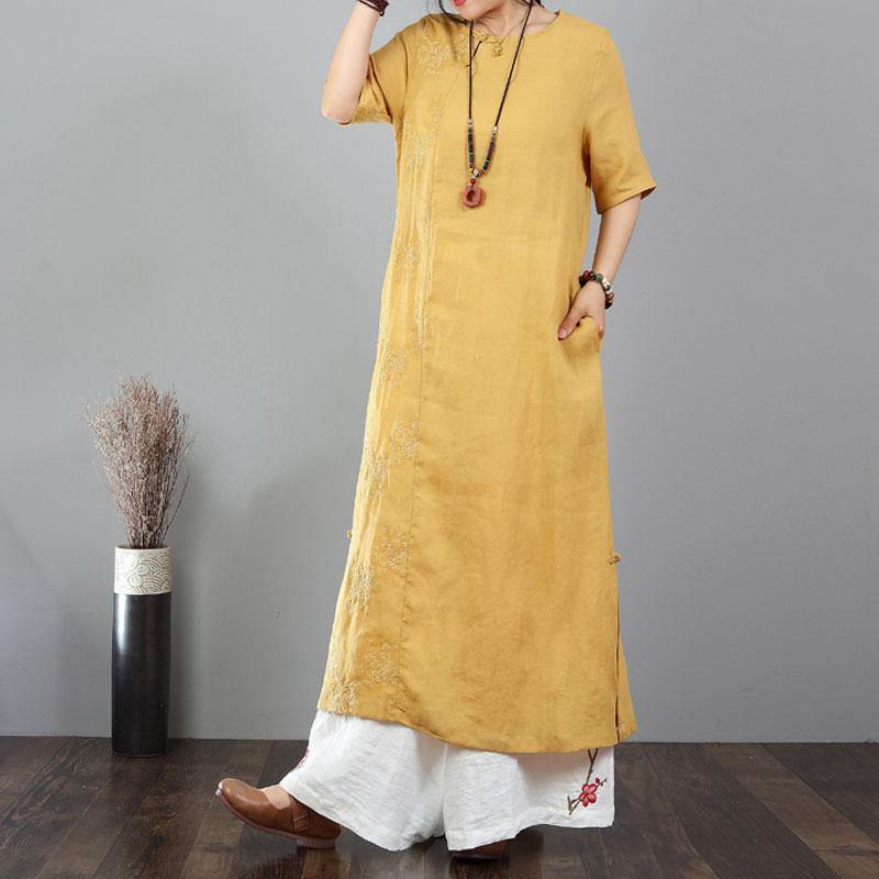 New summer dress Loose fitting Cotton Linen Round Neck Short Sleeve Yellow Dress - Omychic