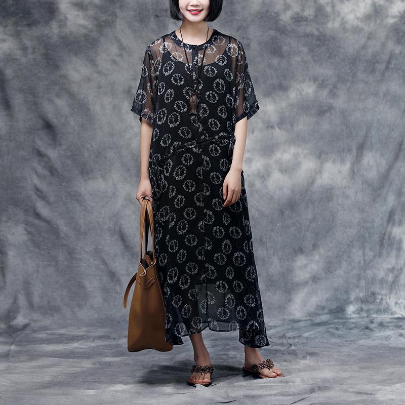 New summer dress bohemian style Summer Floral Short Sleeve Black Casual Two-piece Dress - Omychic
