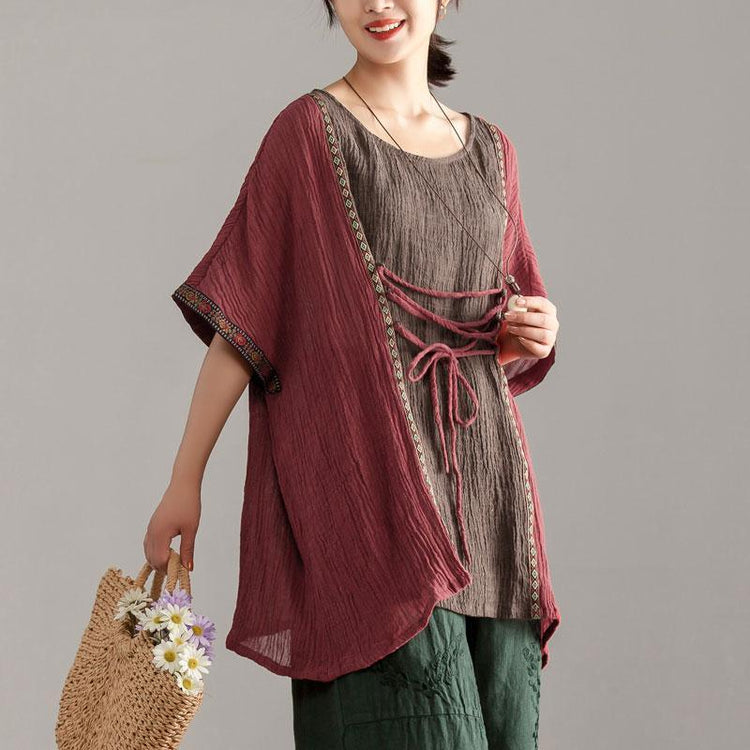 New summer linen tops casual Loose Large Size Women Short Sleeve Splicing Tops - Omychic