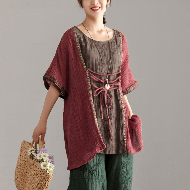 New summer linen tops casual Loose Large Size Women Short Sleeve Splicing Tops - Omychic