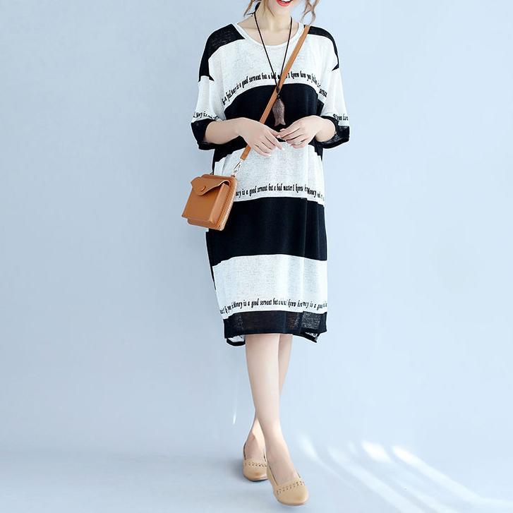 New white black striped Midi-length cotton dress plus size linen cotton dress boutique low high design alphabet prints cotton clothing - Omychic