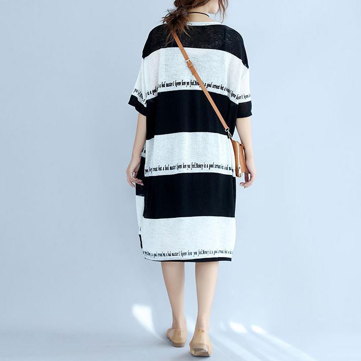 New white black striped Midi-length cotton dress plus size linen cotton dress boutique low high design alphabet prints cotton clothing - Omychic
