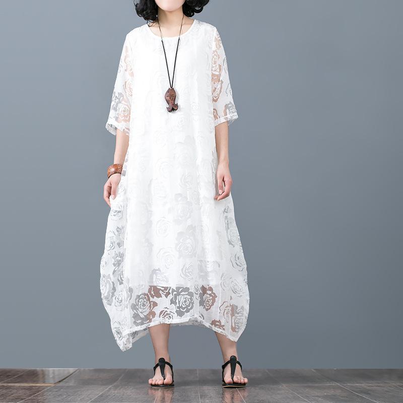 New white floral  linen dresses plus size o neck lace traveling dress vintage bracelet sleeved cotton caftans - Omychic
