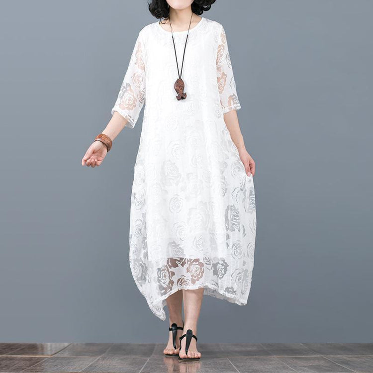 New white floral  linen dresses plus size o neck lace traveling dress vintage bracelet sleeved cotton caftans - Omychic