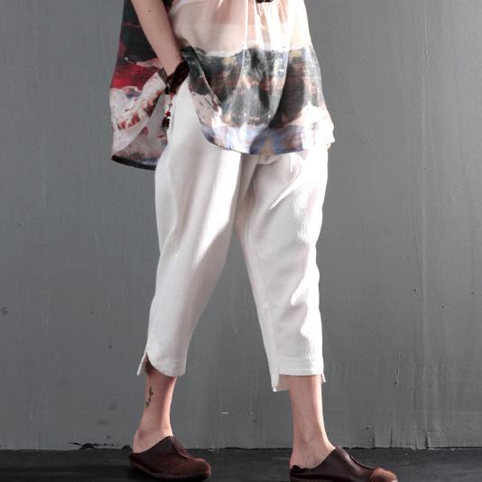 New white linen summer pants women crop pants plus size - Omychic