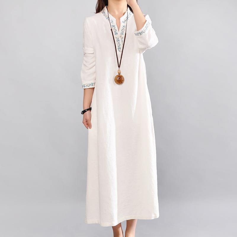 New White Long Linen Dresses Casual V Neck Cotton Dresses Vintage Embroidery Linen Dress - Omychic