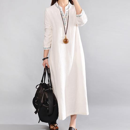 New White Long Linen Dresses Casual V Neck Cotton Dresses Vintage Embroidery Linen Dress - Omychic