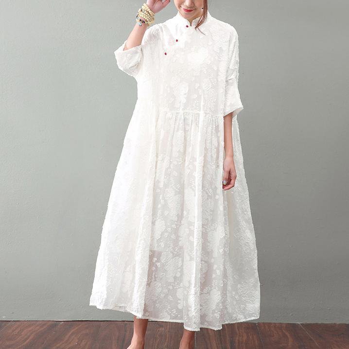 New White Natural Silk Dress Plussize Jacquard Linen Clothing Dress New Bracelet Sleeved Maxi Dresses ( Limited Stock) - Omychic