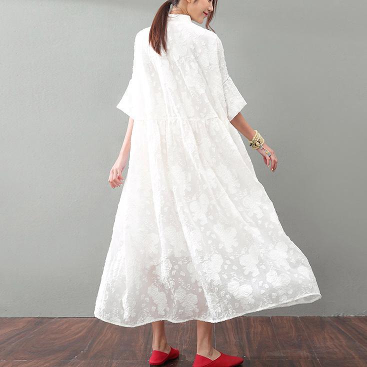 New White Natural Silk Dress Plussize Jacquard Linen Clothing Dress New Bracelet Sleeved Maxi Dresses ( Limited Stock) - Omychic