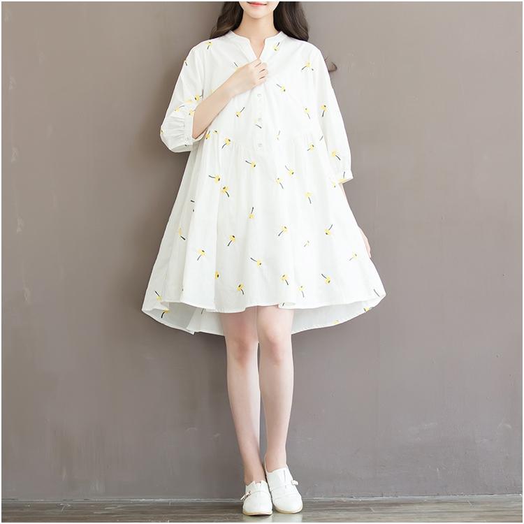 New white retro print cotton shift dress oversize shirt blouse sundress - Omychic