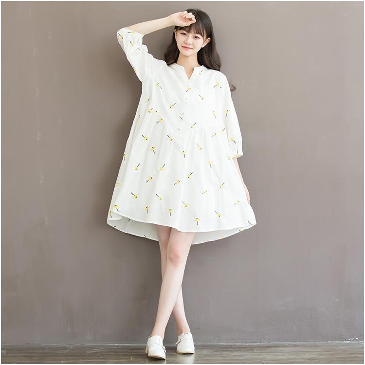 New white retro print cotton shift dress oversize shirt blouse sundress - Omychic