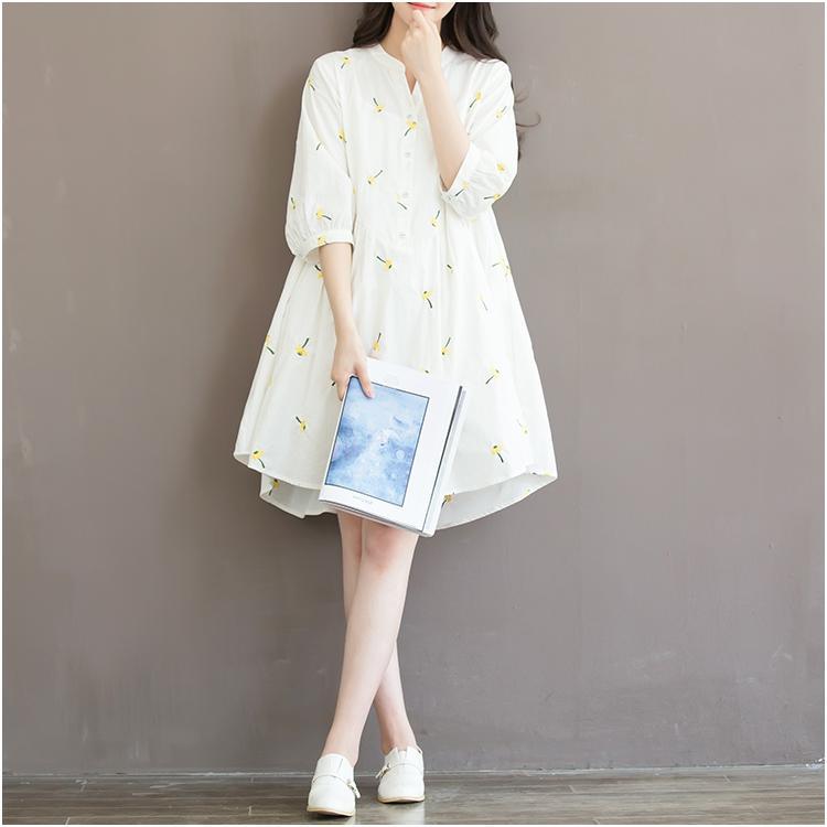 New white retro print cotton shift dress oversize shirt blouse sundress - Omychic