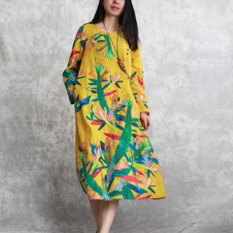 New Yellow Linen Dress Plus Size Prints Gown Women Slim Kaftans - Omychic