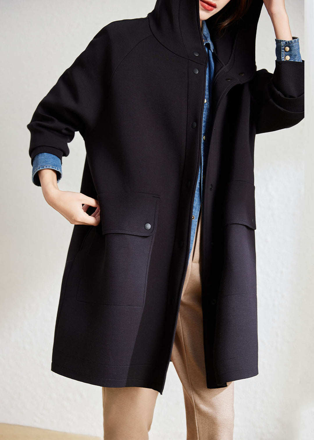Novelty Black Pockets Patchwork Button Cozy Hooded Coat Fall