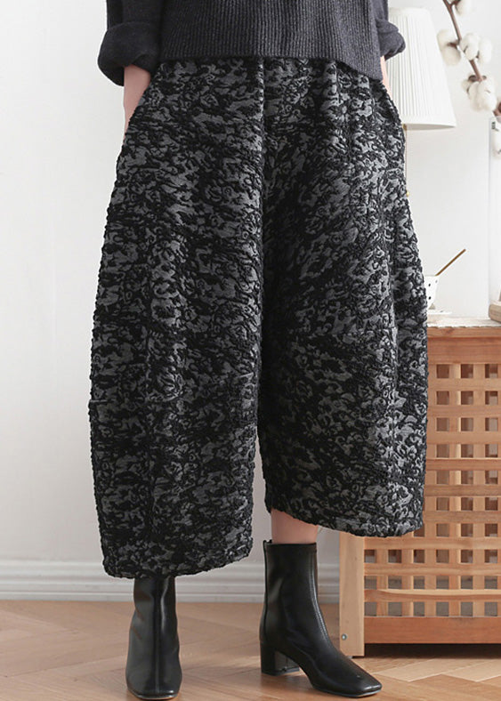 Novelty Black Print Elastic Waist Crop Harem Pants