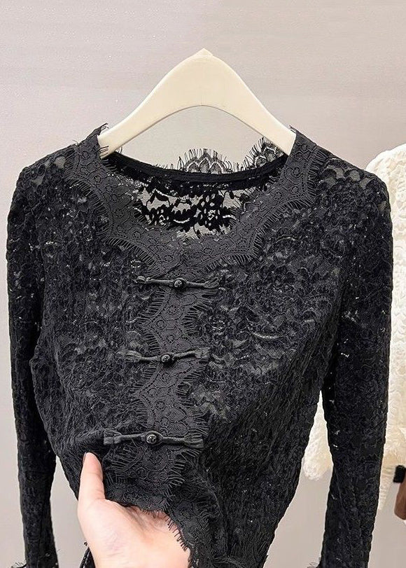Novelty Black V Neck Button Lace Tops Spring
