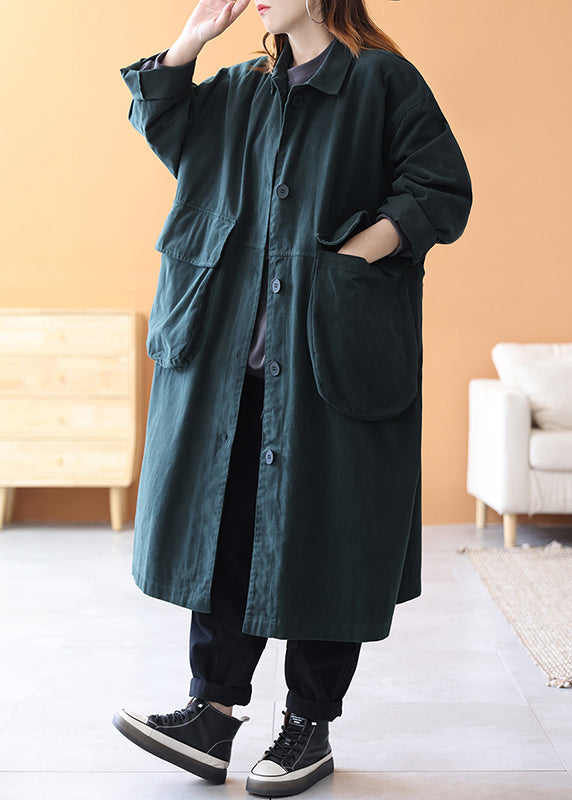 Novelty Blackish Green Peter Pan Collar Pockets Cotton Trench Coats Long Sleeve