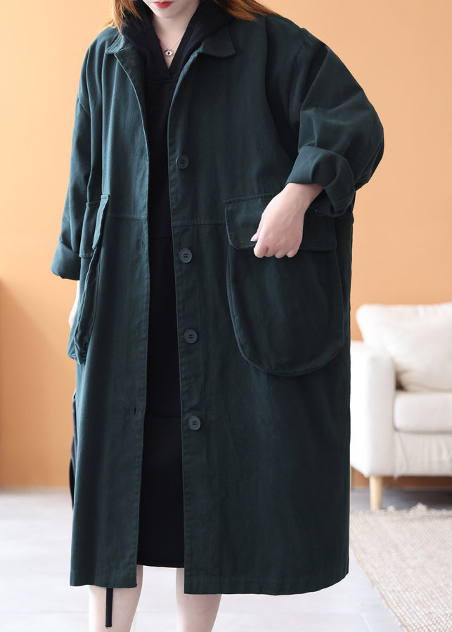 Novelty Blackish Green Peter Pan Collar Pockets Cotton Trench Coats Long Sleeve