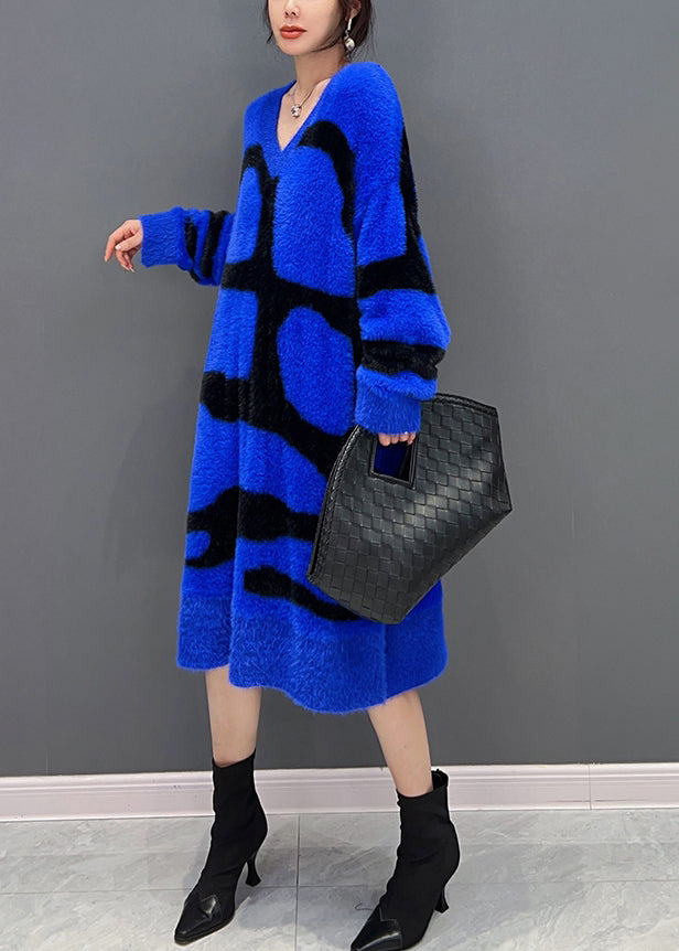 Novelty Blue V Neck Striped Mink Velvet Maxi Dress Fall