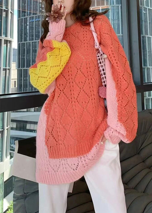 Novelty Colorblock O Neck Hollow Out Patchwork Cotton Knit Sweaters Fall