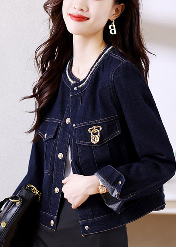 Novelty Dark Blue Patchwork Button Denim Coats Fall