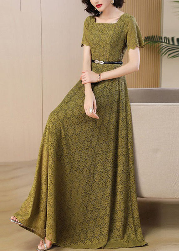 Novelty Ginger Square Collar Print High Waist Sashes Lace Maxi Dress Short Sleeve