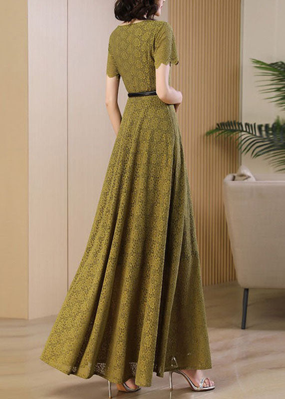 Novelty Ginger Square Collar Print High Waist Sashes Lace Maxi Dress Short Sleeve