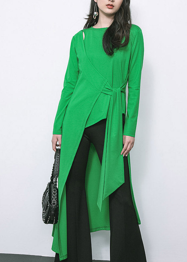 Novelty Green O-Neck Asymmetrical Patchwork Tie Waist Long Top Long Sleeve