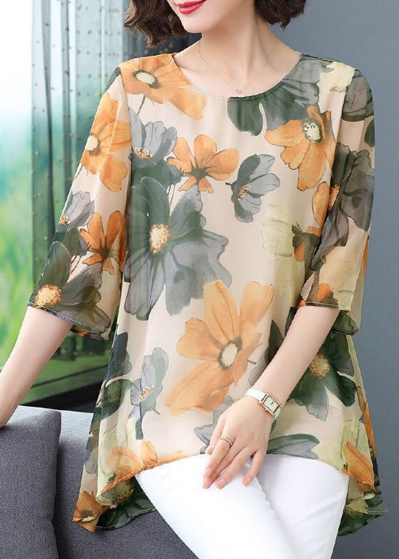 Novelty Green O-Neck Print Low High Design Top Summer