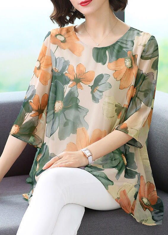 Novelty Green O-Neck Print Low High Design Top Summer