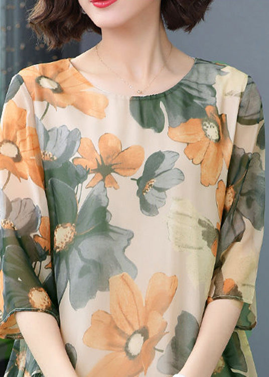 Novelty Green O-Neck Print Low High Design Top Summer