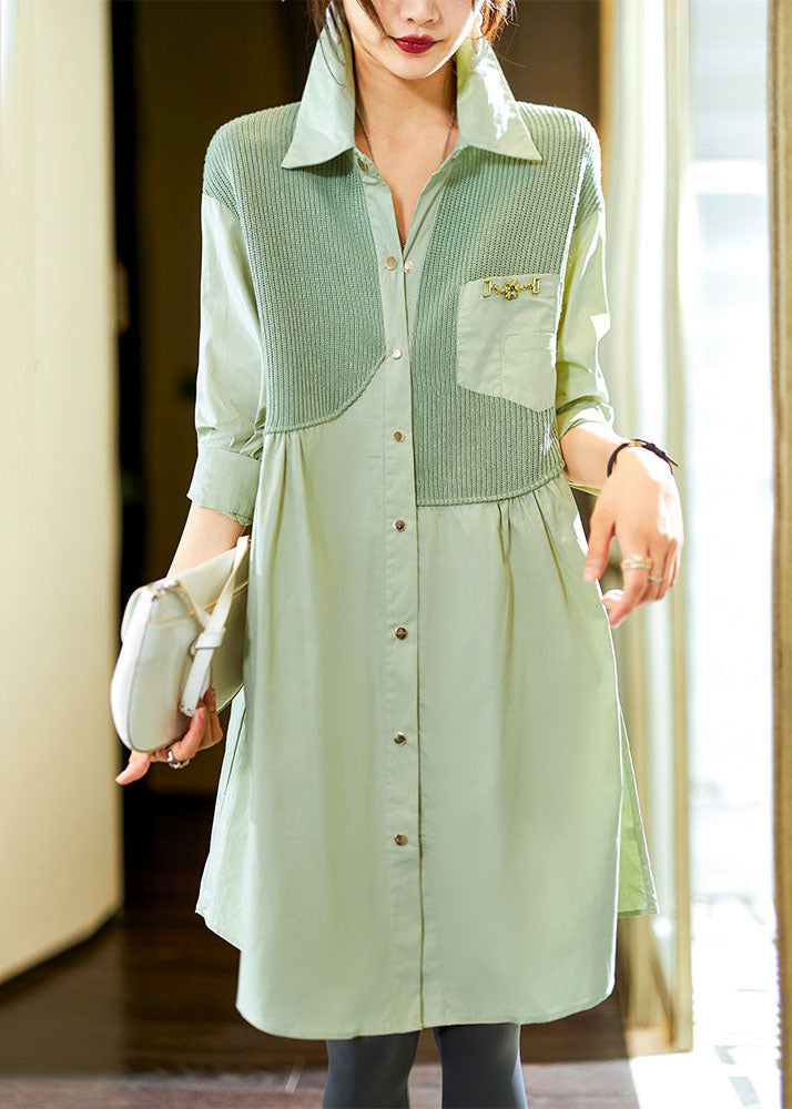 Novelty Mint Green Peter Pan Collar Knit Patchwork Button Shirts Long Sleeve