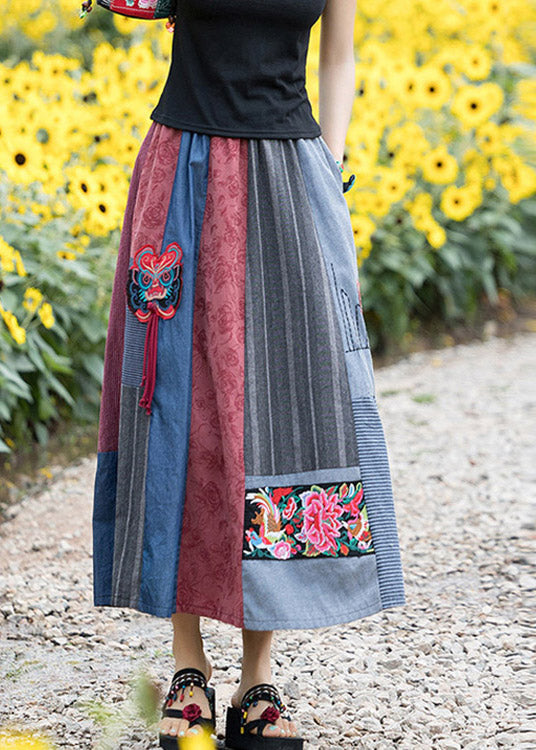 Novelty Navy Blue Print Patchwork Embroideried Floral Tassel High Waist Maxi Skirts