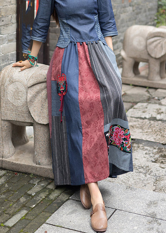 Novelty Navy Blue Print Patchwork Embroideried Floral Tassel High Waist Maxi Skirts