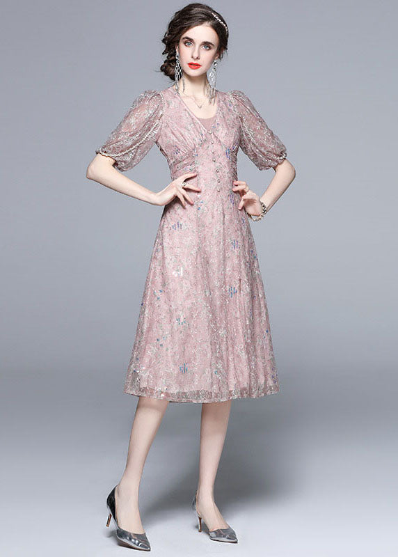 Novelty Pink Embroideried Sequins Patchwork Tulle Dress Puff Sleeve