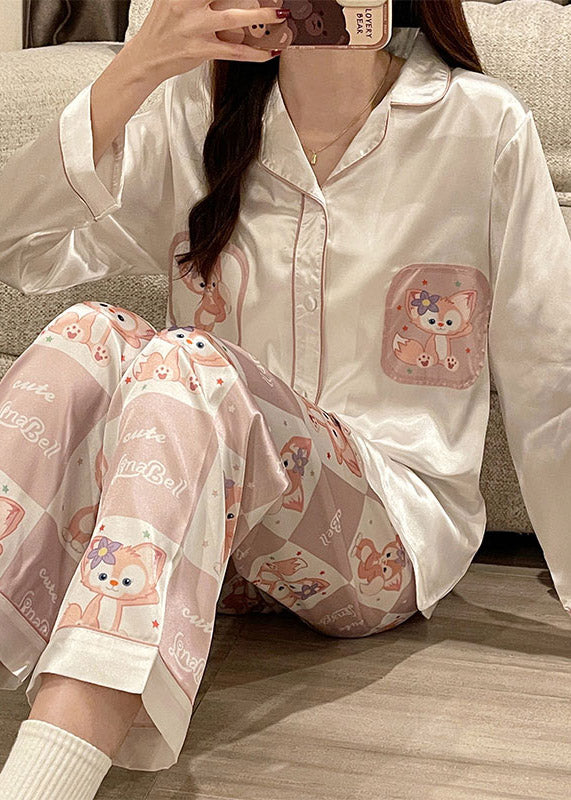 Novelty Pink Print Button Ice Silk Pajamas Two Pieces Set Long Sleeve