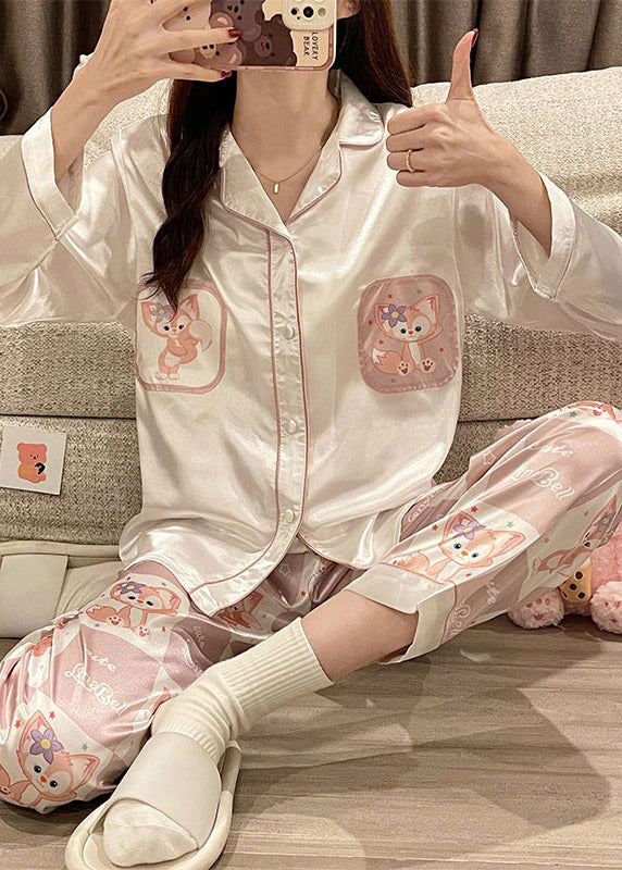 Novelty Pink Print Button Ice Silk Pajamas Two Pieces Set Long Sleeve