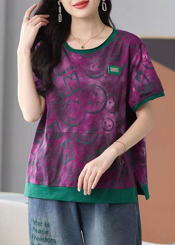 Novelty Purple O Neck Print Pockets Patchwork Cotton T Shirt Tops Summer